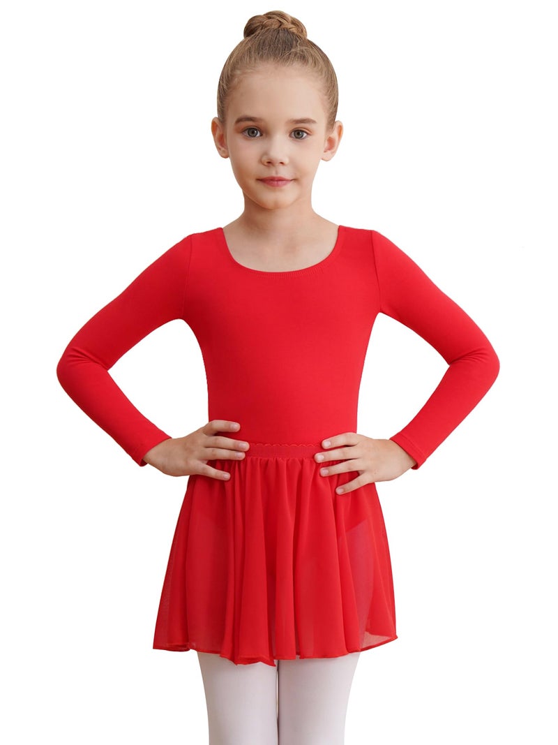 WEGETIT Long Sleeve Girls Leotard Gymnastics Leotards for Girls Ballet Dance Dresses with Skirt (Red,2-4T) - Image 1
